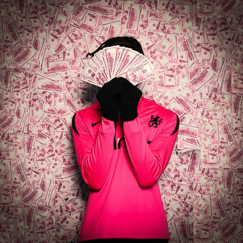 Figure in a pink long-sleeve top and black gloves holding a fan of pink banknotes over their face