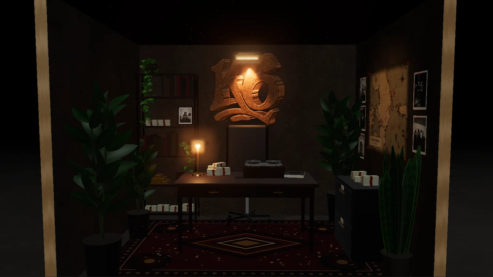 3D render of the K6 Vault set: a charcoal concrete three-wall room with a wooden K6 logo, a vintage desk with a reel-to-reel and money, a leather chair, plants, a burgundy rug and a map wall